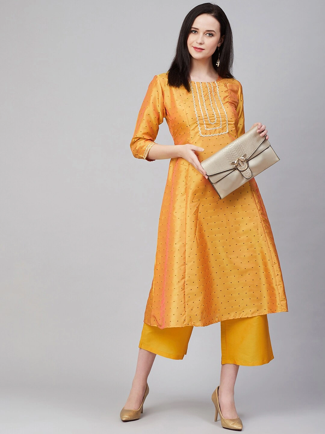 Bhama Couture Women Mustard Yellow &amp; Black Woven Design Kurta with Palazzos-M-1