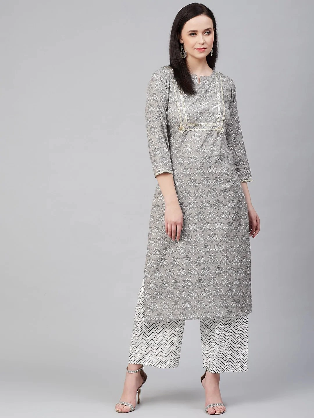 Bhama Couture Women Grey &amp; White Printed Kurta with Palazzos-BHKS284_L