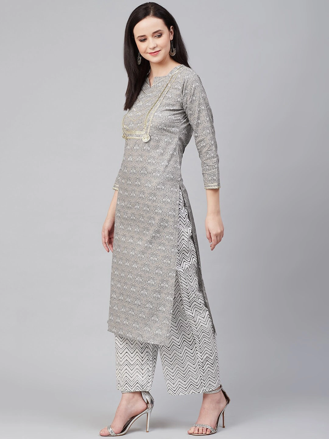 Bhama Couture Women Grey &amp; White Printed Kurta with Palazzos-L-1