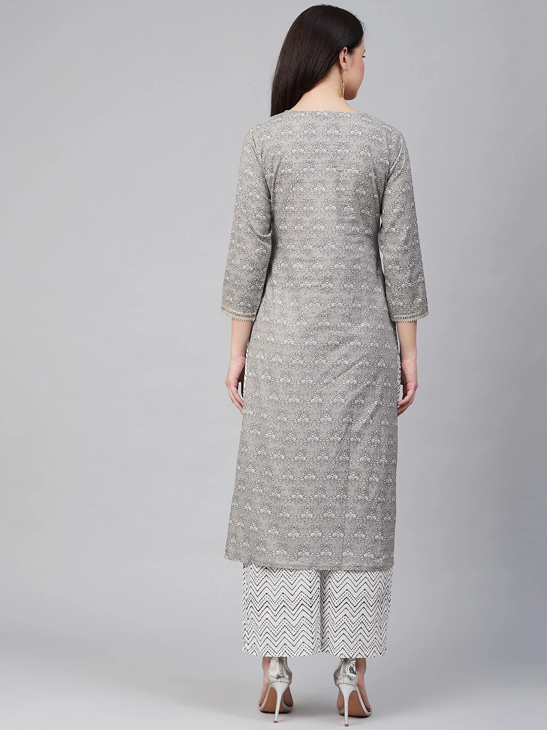 Bhama Couture Women Grey &amp; White Printed Kurta with Palazzos-L-2