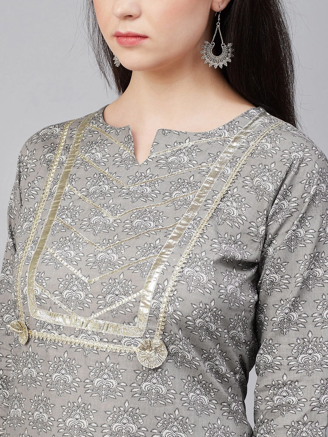 Bhama Couture Women Grey &amp; White Printed Kurta with Palazzos-L-3