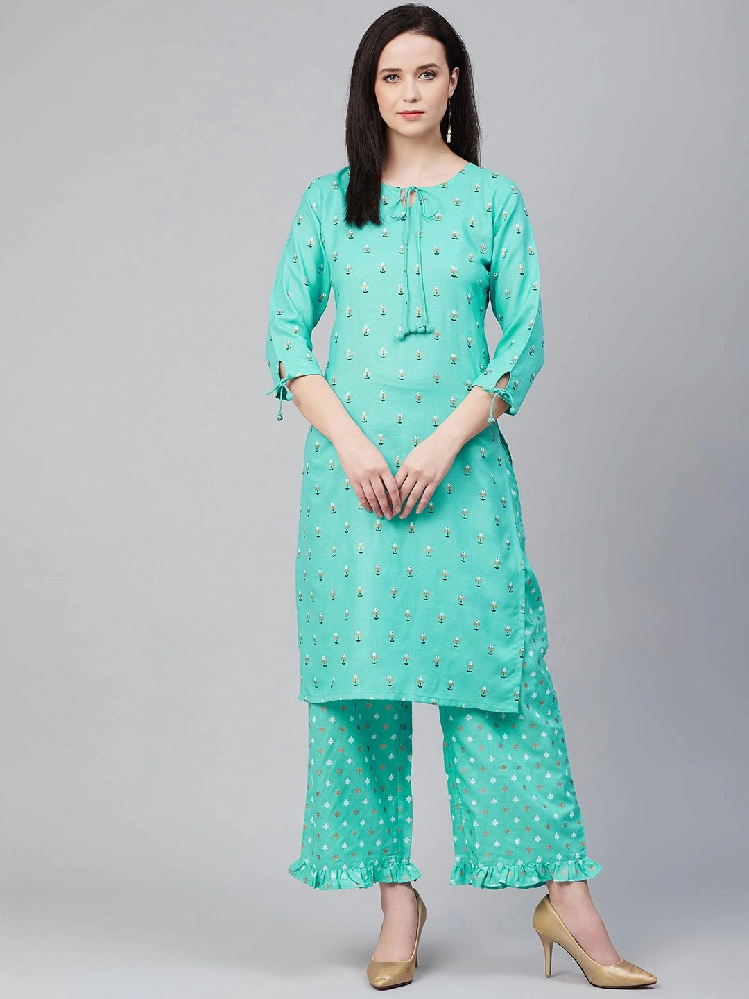 Bhama Couture Women Blue &amp; Golden Block Print Kurta with Palazzos-BHKS285_L