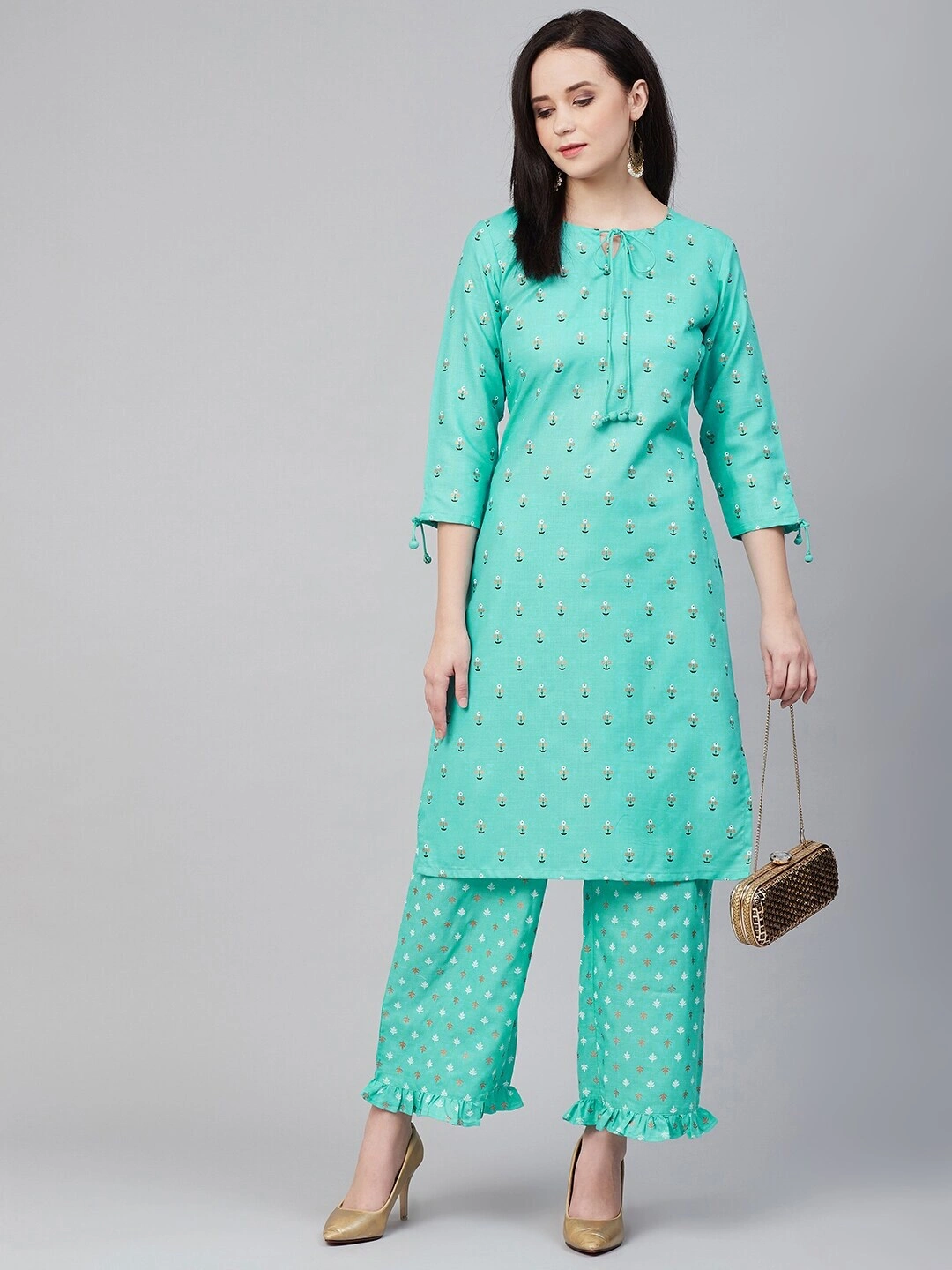 Bhama Couture Women Blue &amp; Golden Block Print Kurta with Palazzos-L-1