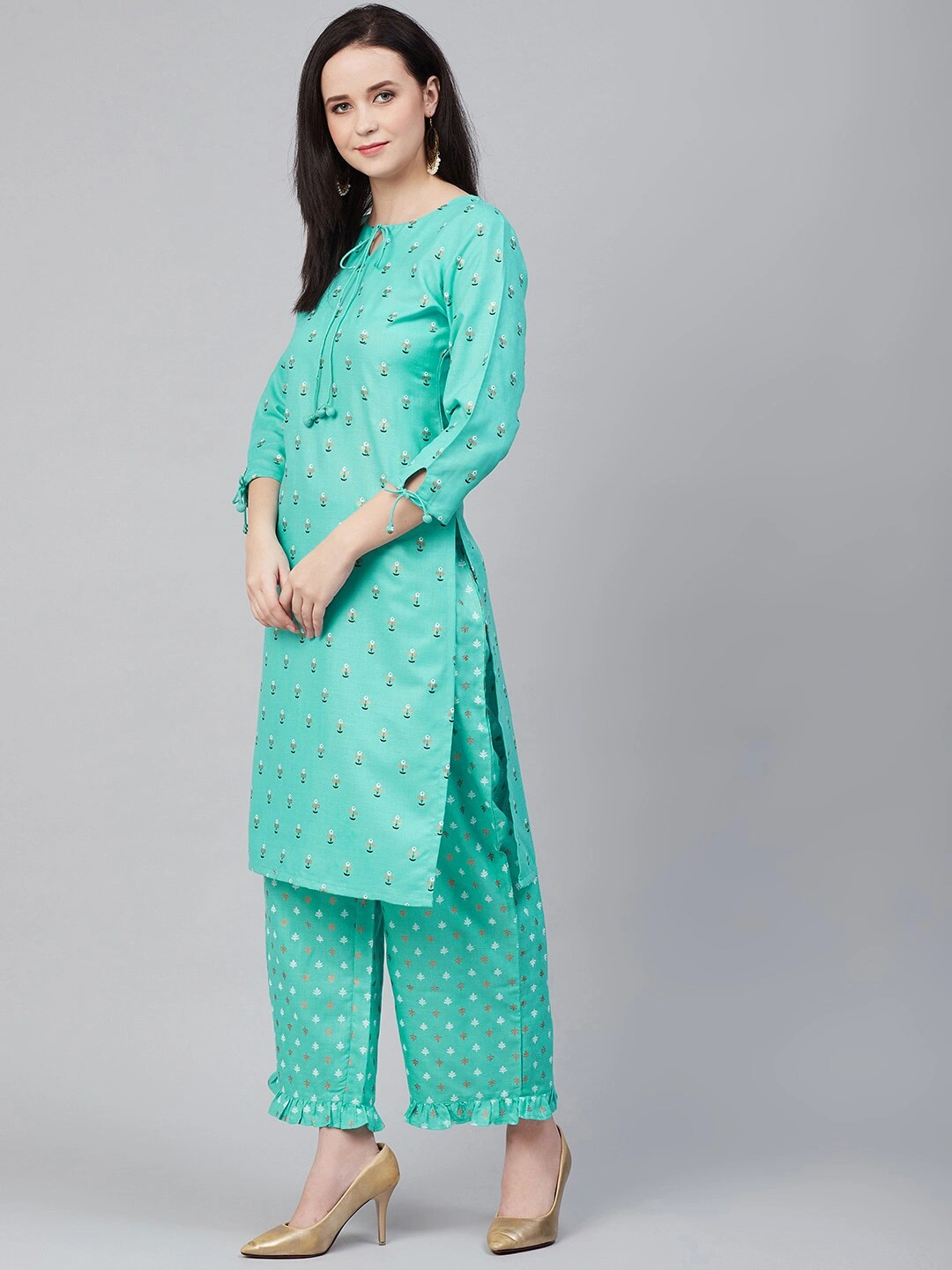 Bhama Couture Women Blue &amp; Golden Block Print Kurta with Palazzos-L-2