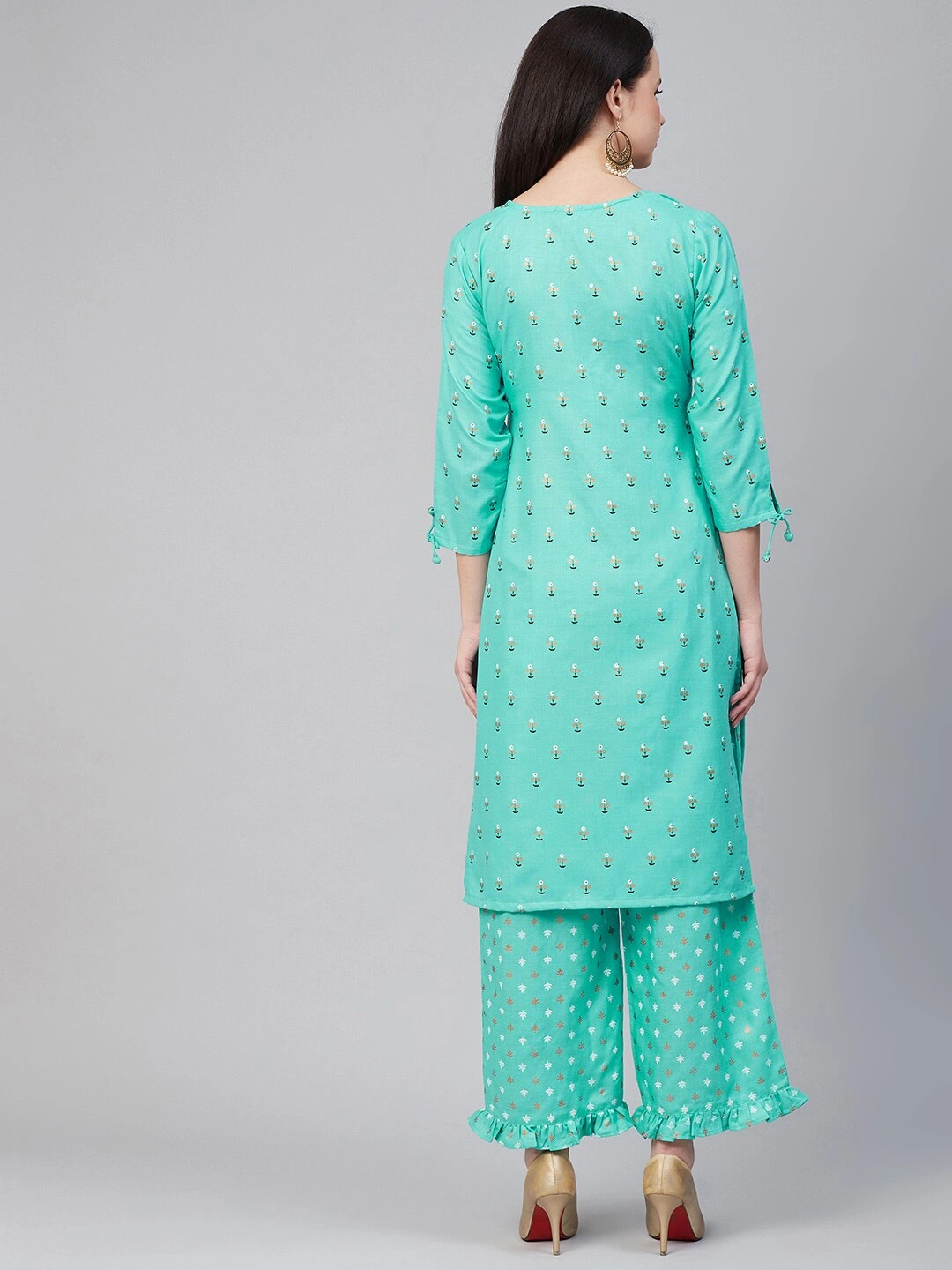 Bhama Couture Women Blue &amp; Golden Block Print Kurta with Palazzos-M-3