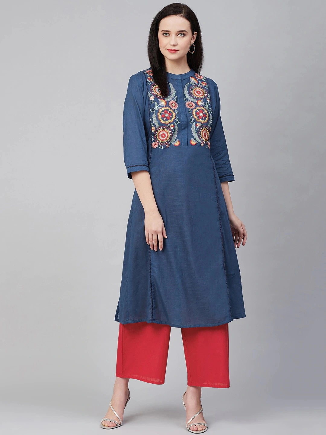 Bhama Couture Women Navy Blue &amp; Red Yoke Design Kurta with Palazzos-BHKS286_L