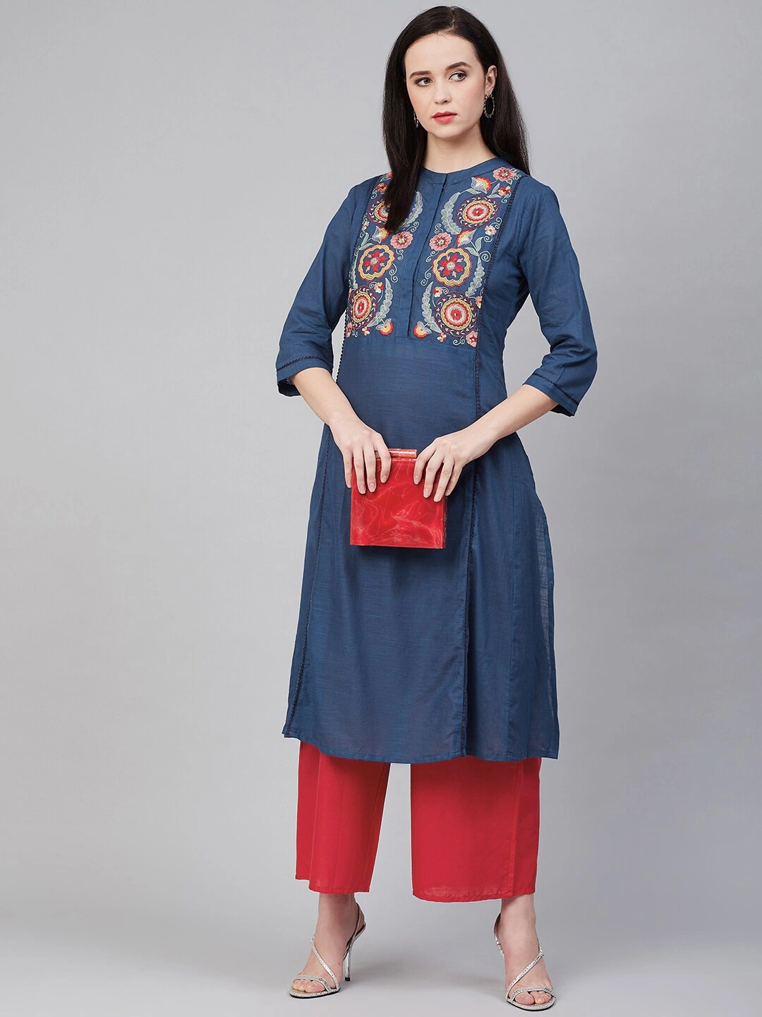 Bhama Couture Women Navy Blue &amp; Red Yoke Design Kurta with Palazzos-L-1