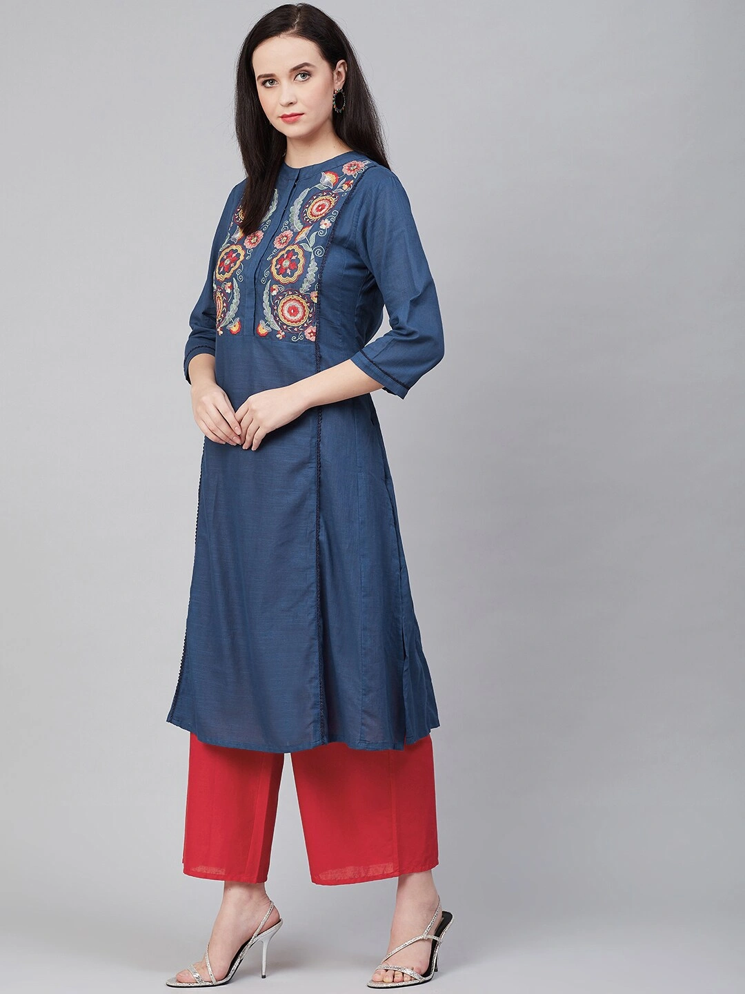 Bhama Couture Women Navy Blue &amp; Red Yoke Design Kurta with Palazzos-L-2