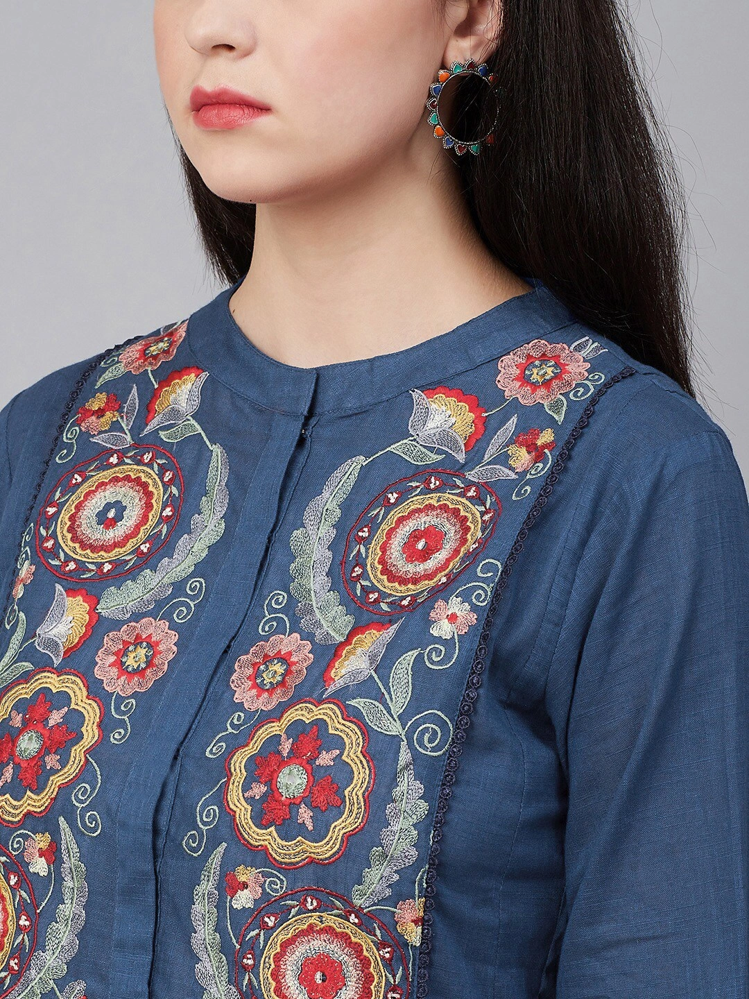 Bhama Couture Women Navy Blue &amp; Red Yoke Design Kurta with Palazzos-L-4