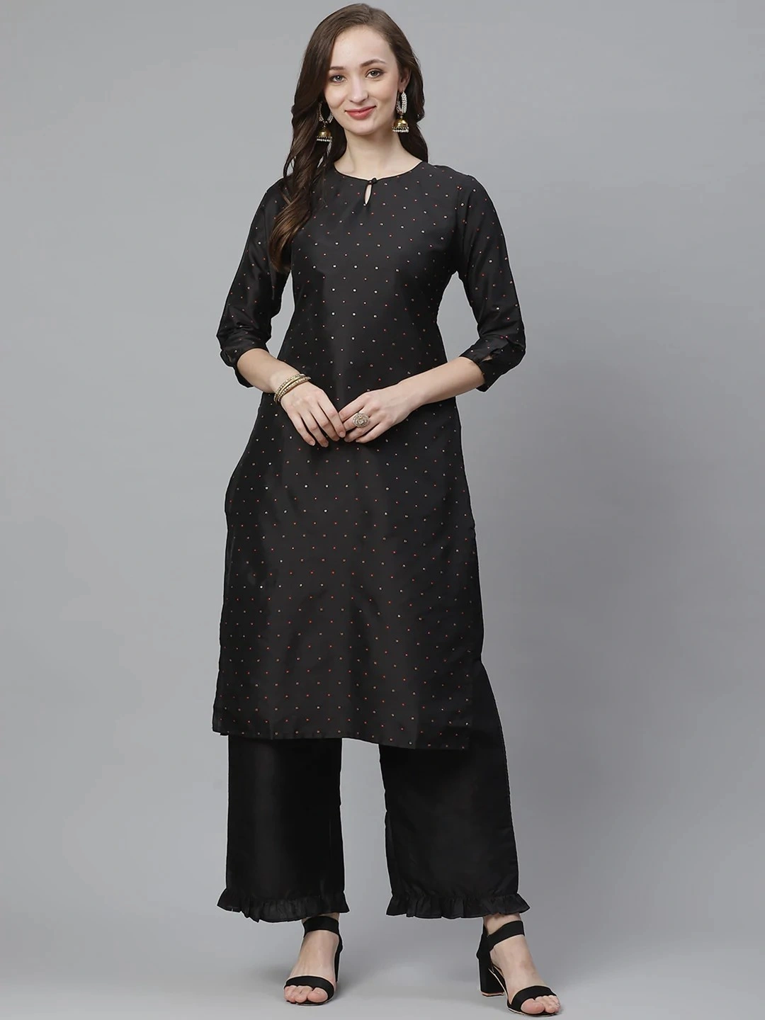 Bhama Couture Women Black &amp; Golden Micro Ditsy Woven Design Kurta with Palazzos-BHKS289_L