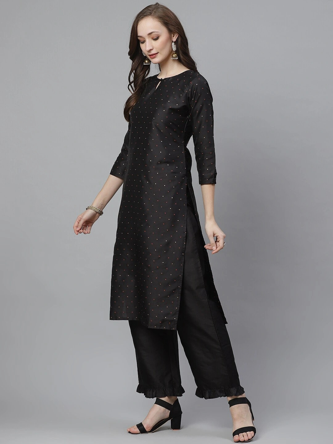 Bhama Couture Women Black &amp; Golden Micro Ditsy Woven Design Kurta with Palazzos-M-1