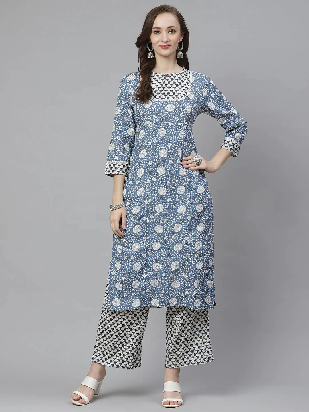 Bhama Couture Women Blue &amp; White Printed Kurta with Palazzos-BHKS290_L