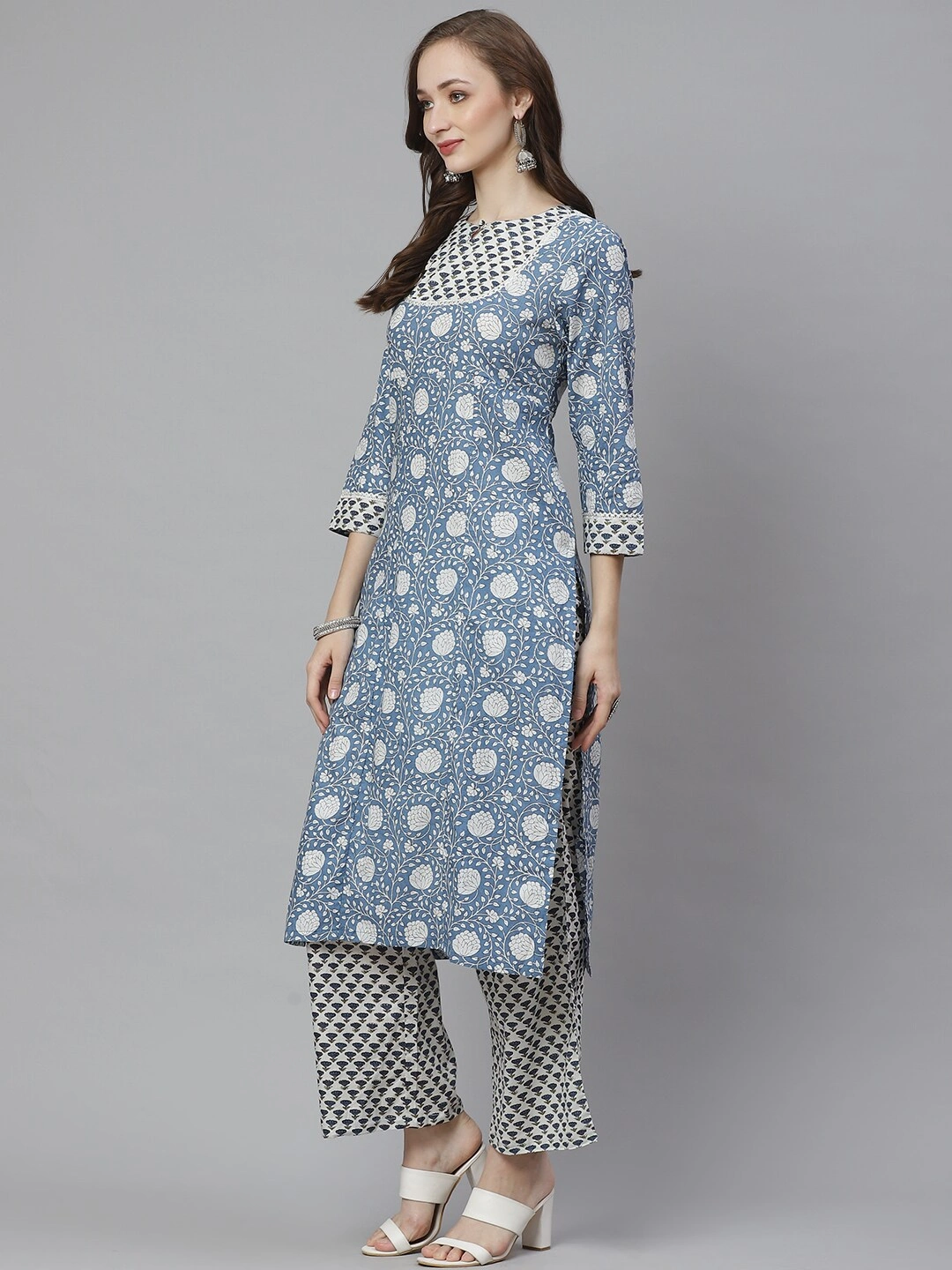 Bhama Couture Women Blue &amp; White Printed Kurta with Palazzos-M-1