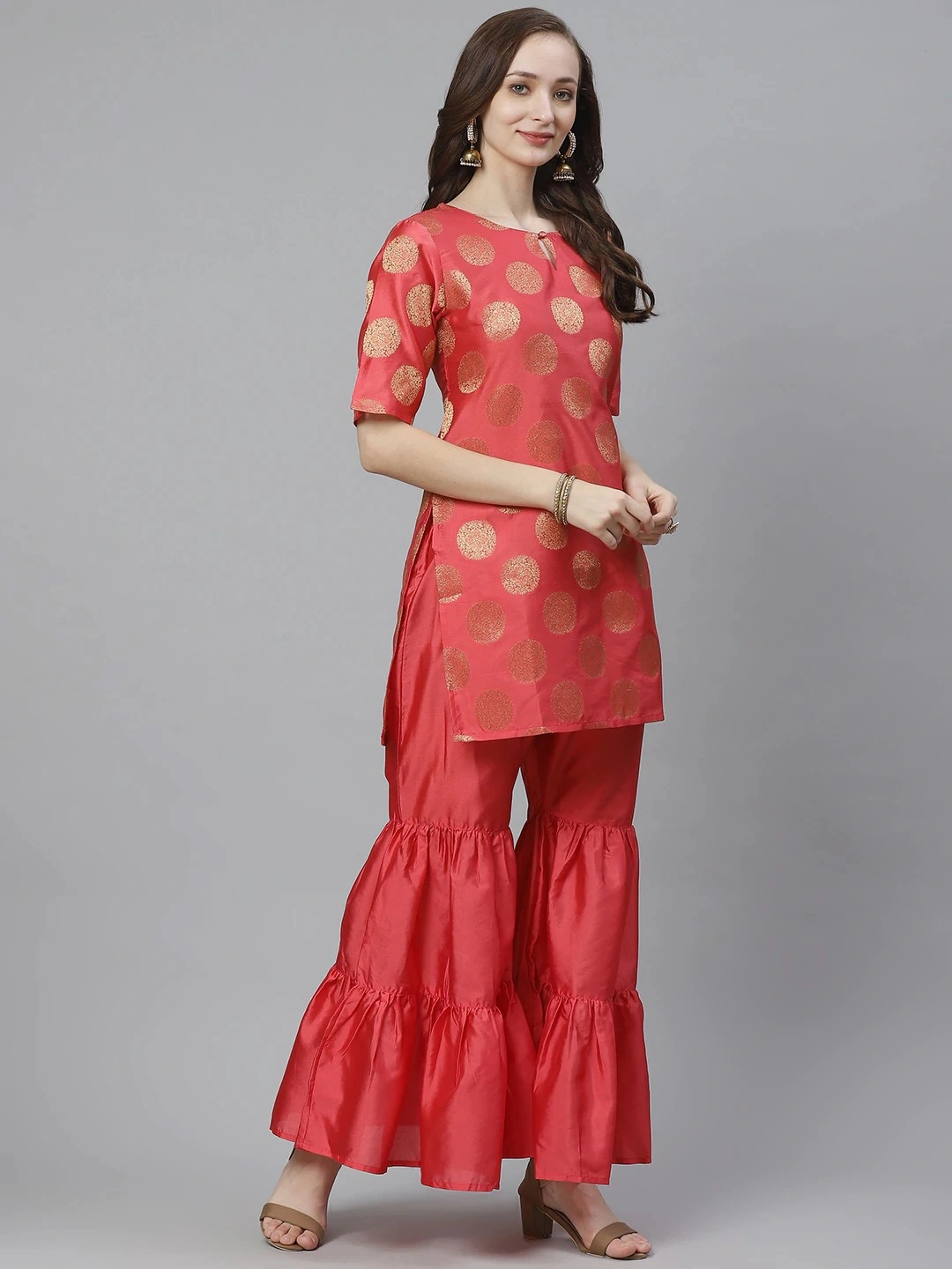 Bhama Couture Women Coral Pink &amp; Golden Woven Design Kurta with Sharara-L-1