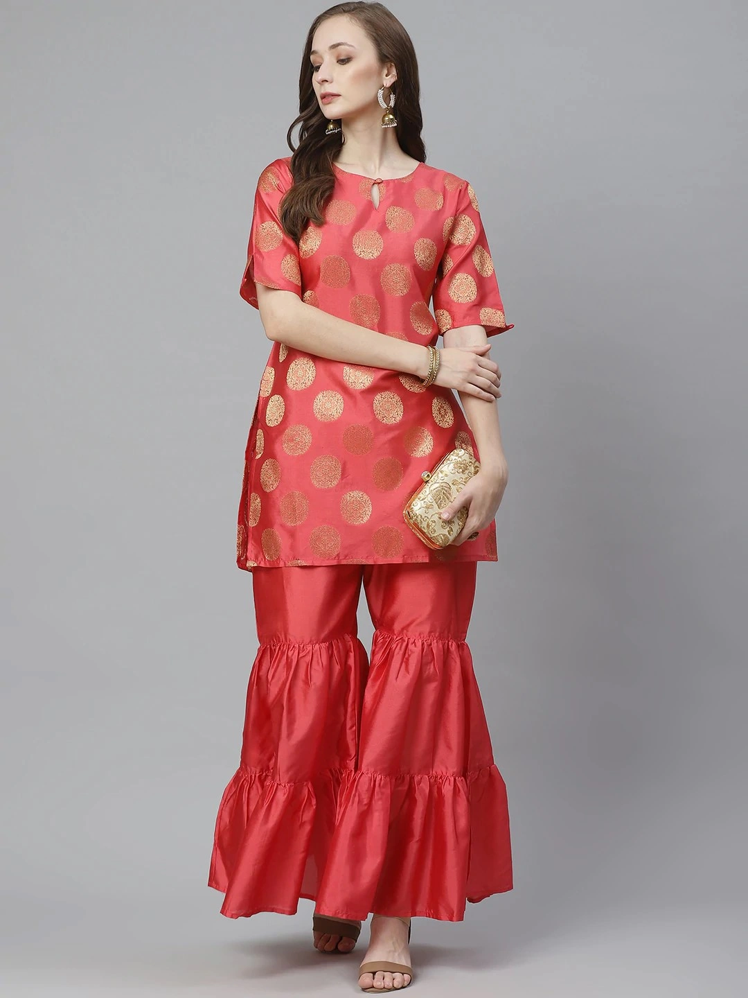 Bhama Couture Women Coral Pink &amp; Golden Woven Design Kurta with Sharara-BHKS292_M