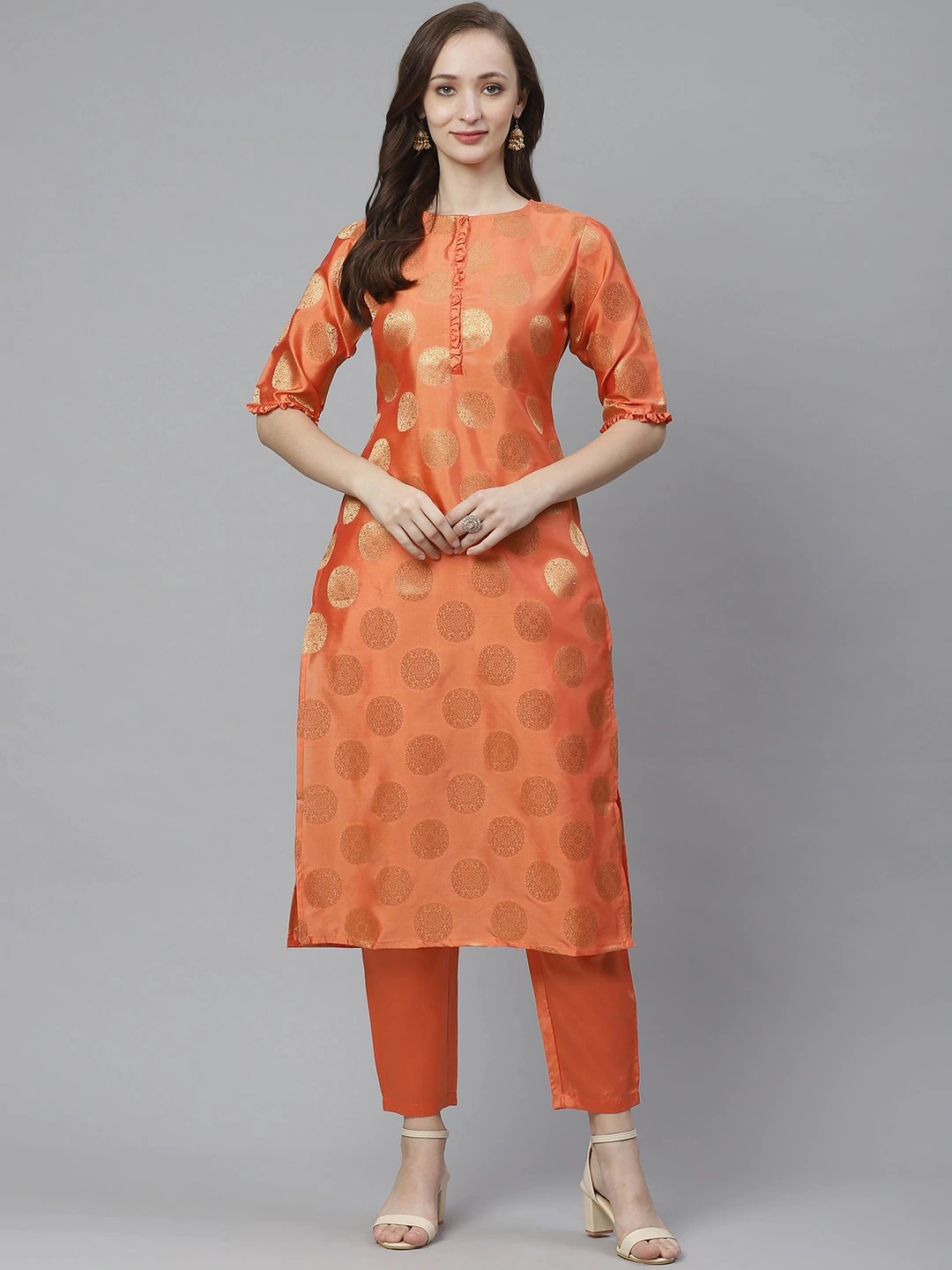 Bhama Couture Women Orange &amp; Golden Woven Design Kurta with Trousers-BHKS293_L