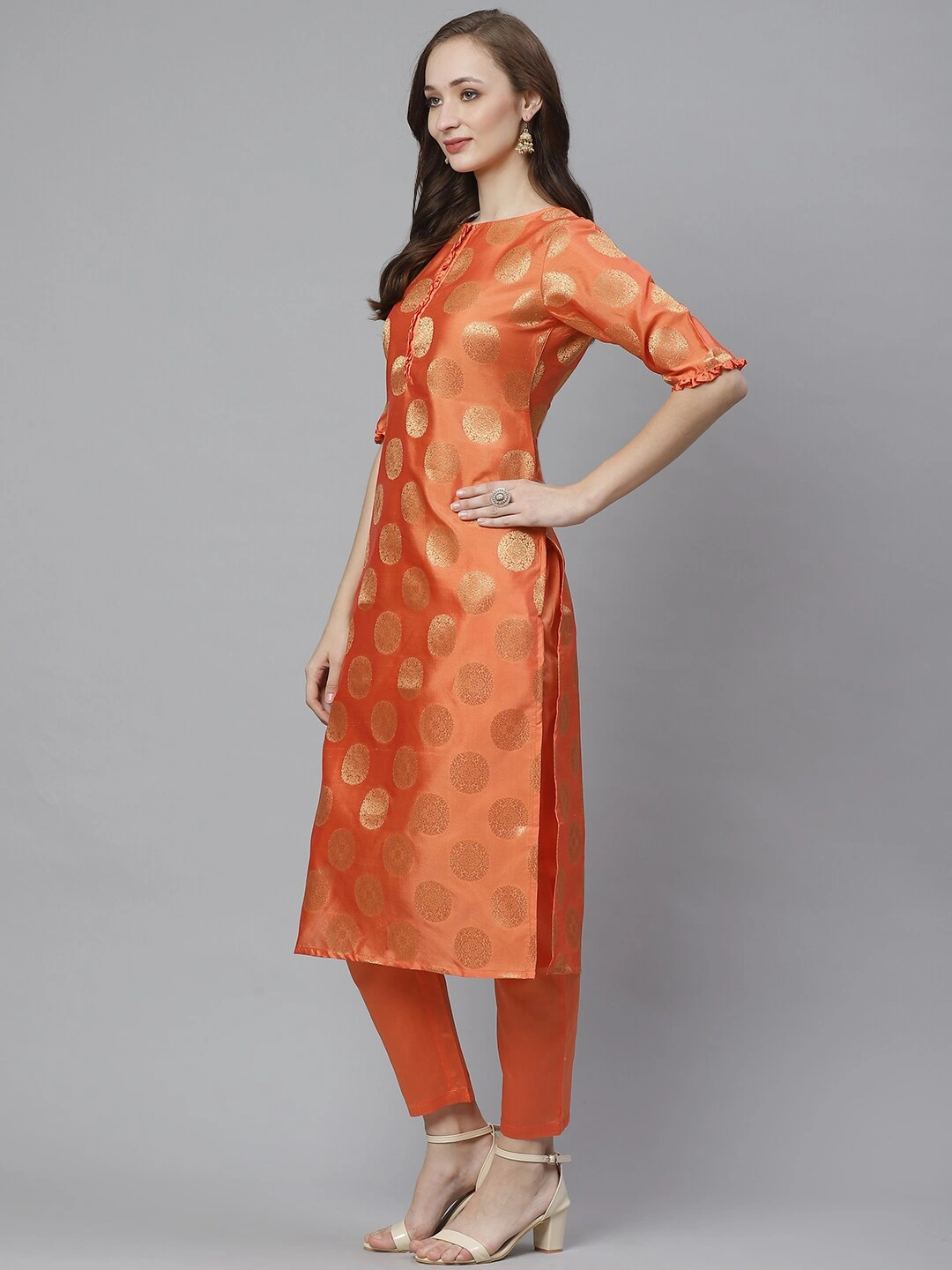 Bhama Couture Women Orange &amp; Golden Woven Design Kurta with Trousers-L-1