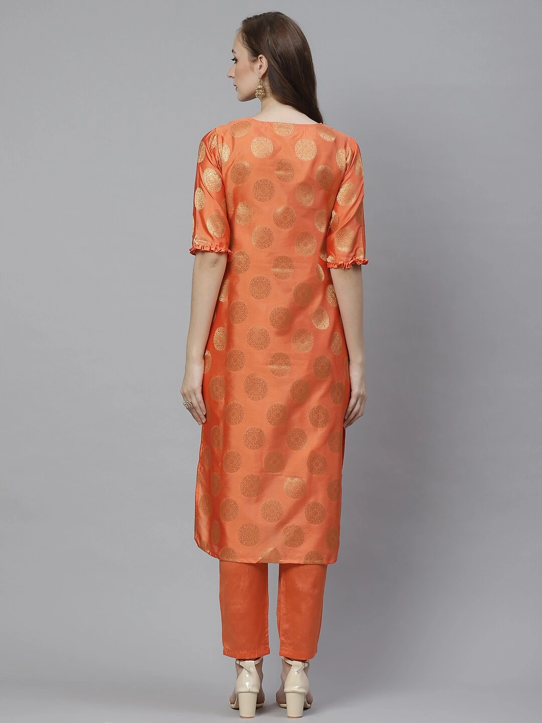 Bhama Couture Women Orange &amp; Golden Woven Design Kurta with Trousers-L-2