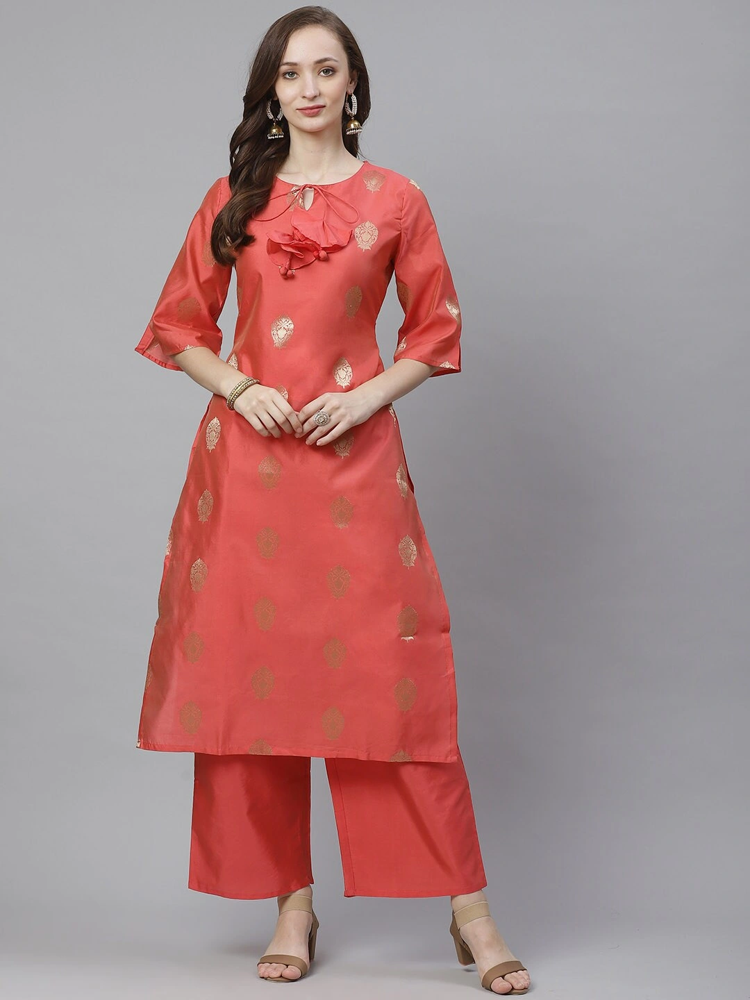 Bhama Couture Women Coral Pink &amp; Golden Woven Design Kurta with Palazzos-BHKS294_L