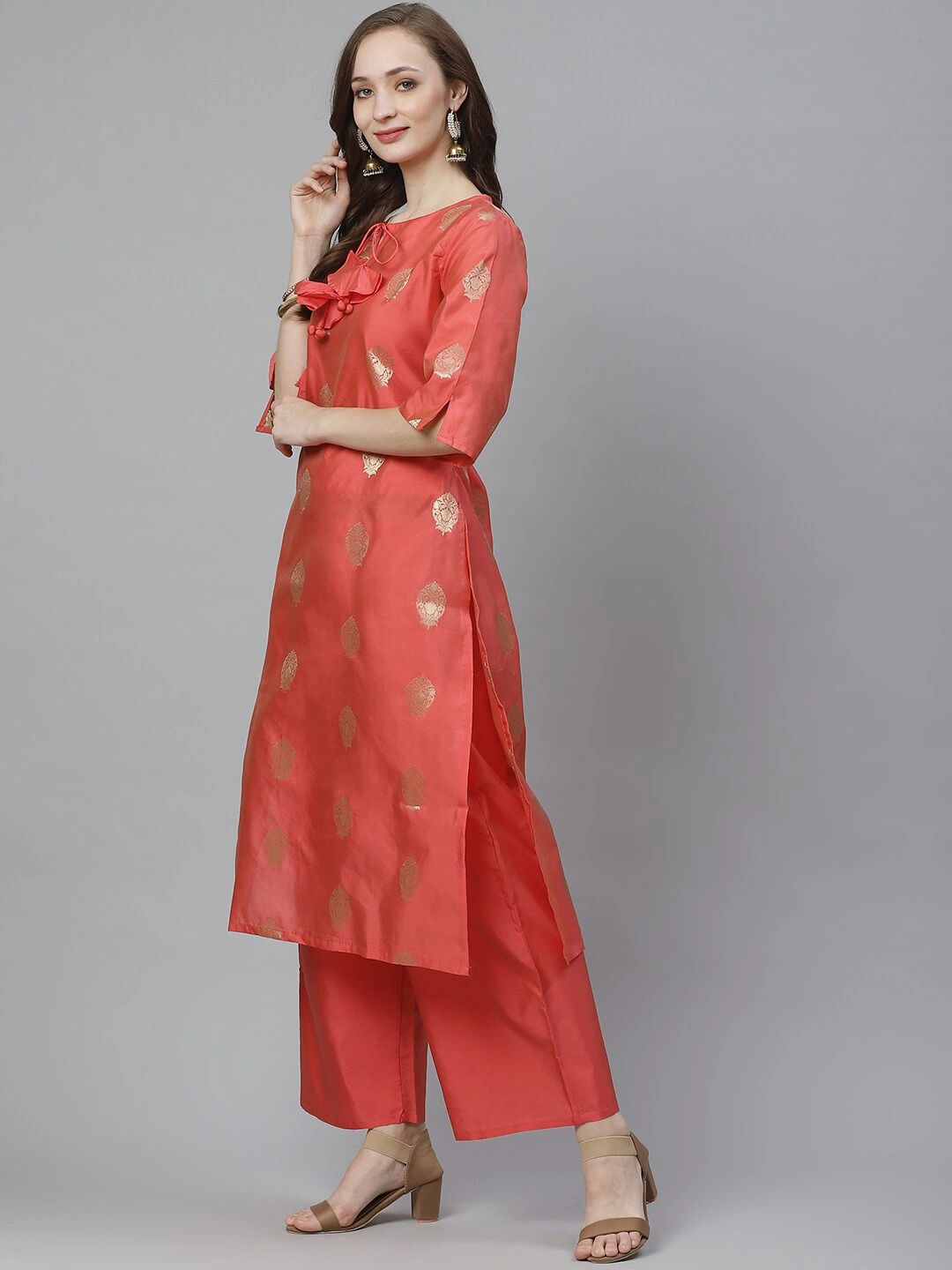 Bhama Couture Women Coral Pink &amp; Golden Woven Design Kurta with Palazzos-L-2