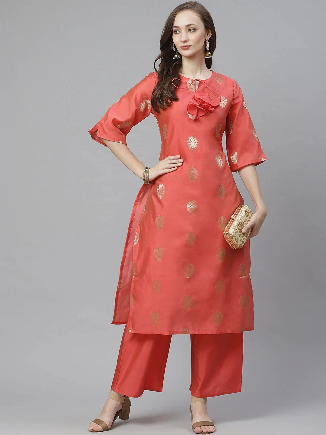 Bhama Couture Women Coral Pink &amp; Golden Woven Design Kurta with Palazzos-M-1