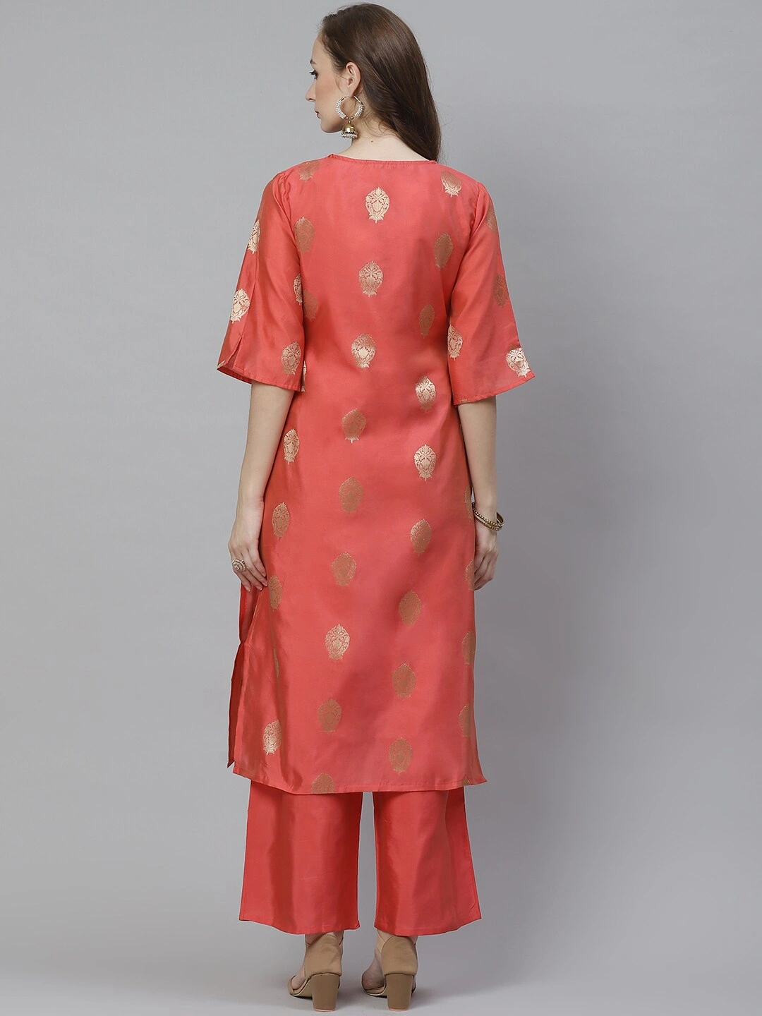 Bhama Couture Women Coral Pink &amp; Golden Woven Design Kurta with Palazzos-M-3