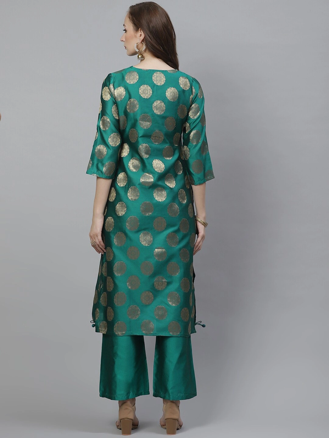 Bhama Couture Women Teal Green &amp; Golden Woven Design Kurta with Palazzos-L-2