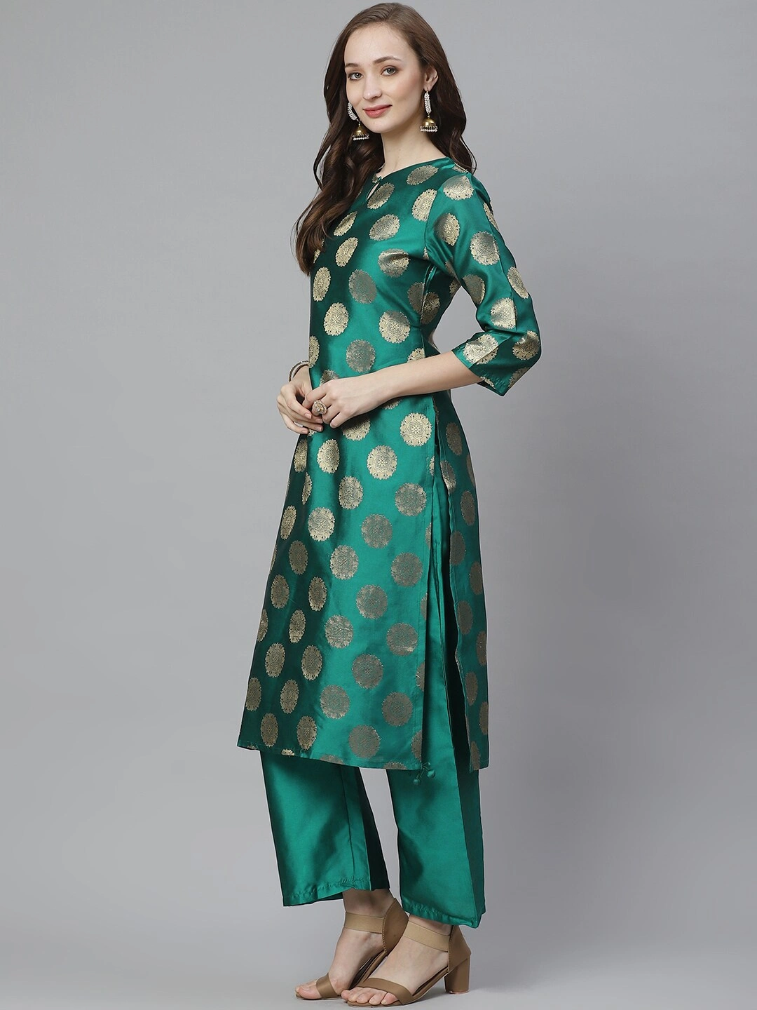 Bhama Couture Women Teal Green &amp; Golden Woven Design Kurta with Palazzos-M-1