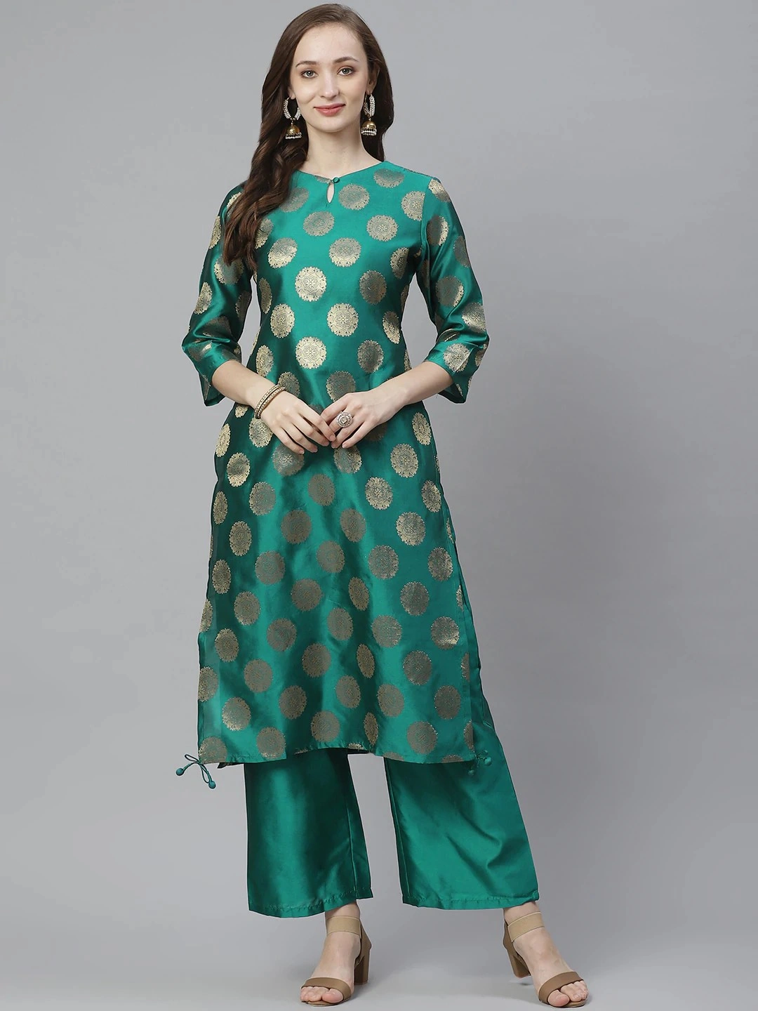 Bhama Couture Women Teal Green &amp; Golden Woven Design Kurta with Palazzos-BHKS295_XL