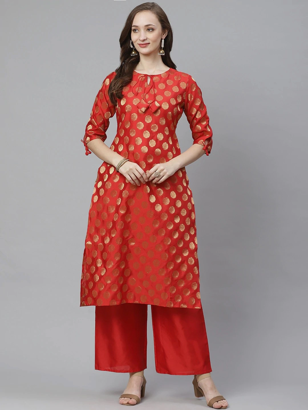 Bhama Couture Women Red &amp; Golden Woven Design Kurta with Palazzos-BHKS296_L