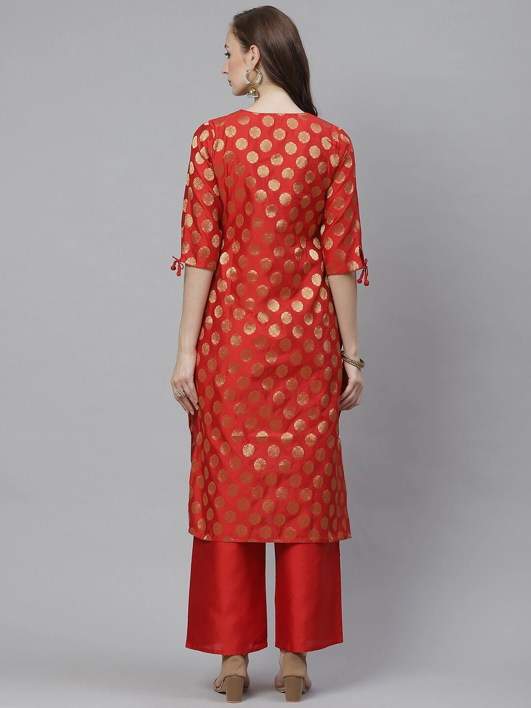 Bhama Couture Women Red &amp; Golden Woven Design Kurta with Palazzos-L-2