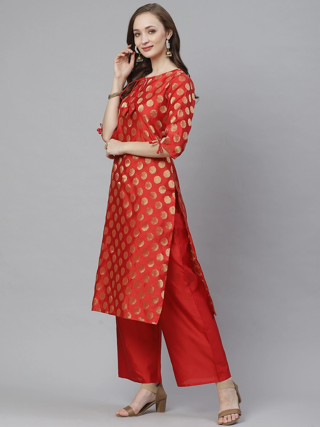 Bhama Couture Women Red &amp; Golden Woven Design Kurta with Palazzos-M-1