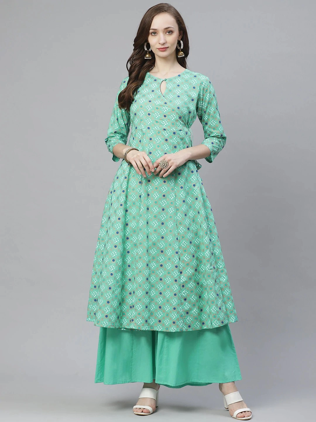 Bhama Couture Women Green &amp; Golden Printed Kurta with Palazzos-BHKS297_L