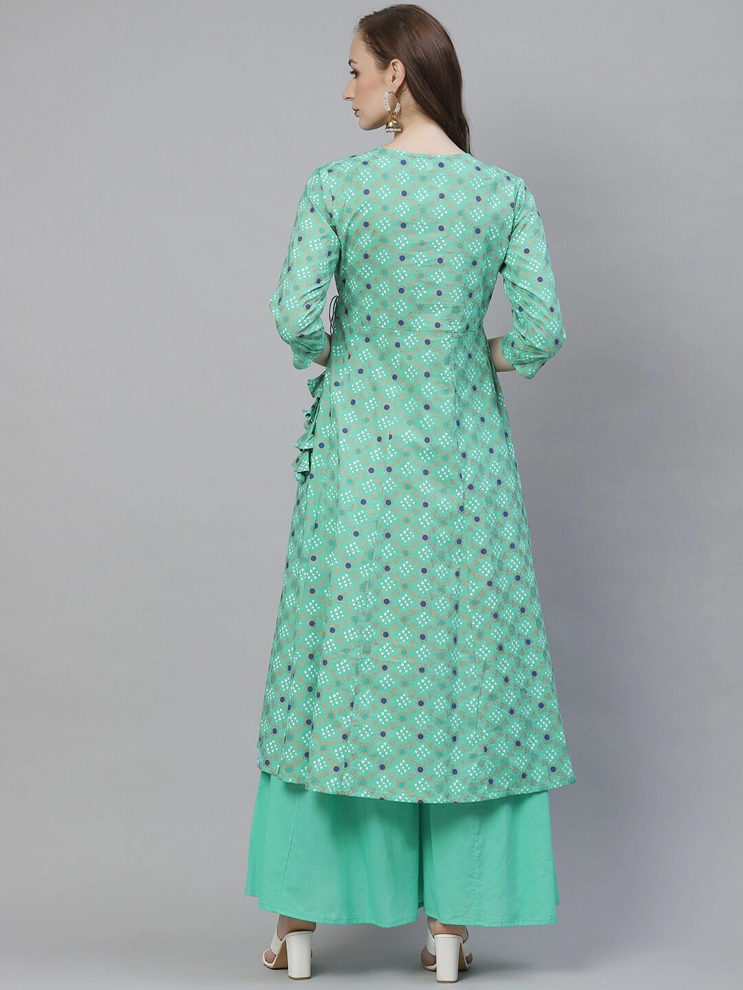 Bhama Couture Women Green &amp; Golden Printed Kurta with Palazzos-XL-2