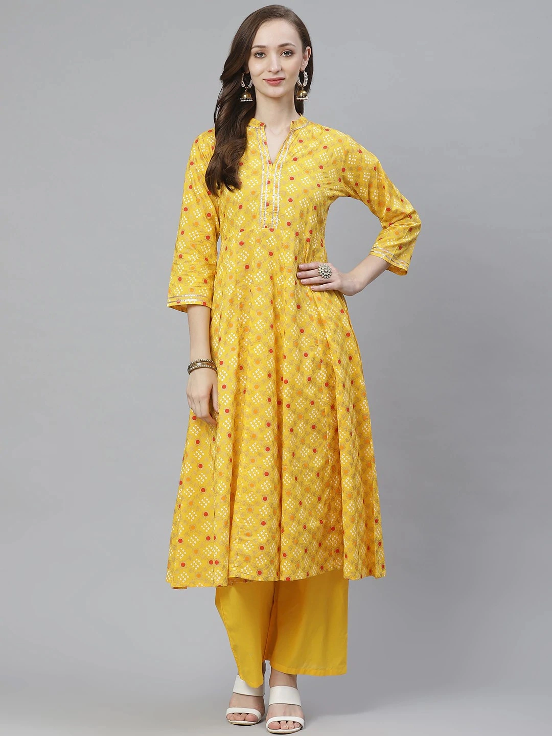 Bhama Couture Women Yellow &amp; Red Bandhani Screen Printed Anarkali Kurta with Palazzos-BHKS298_L