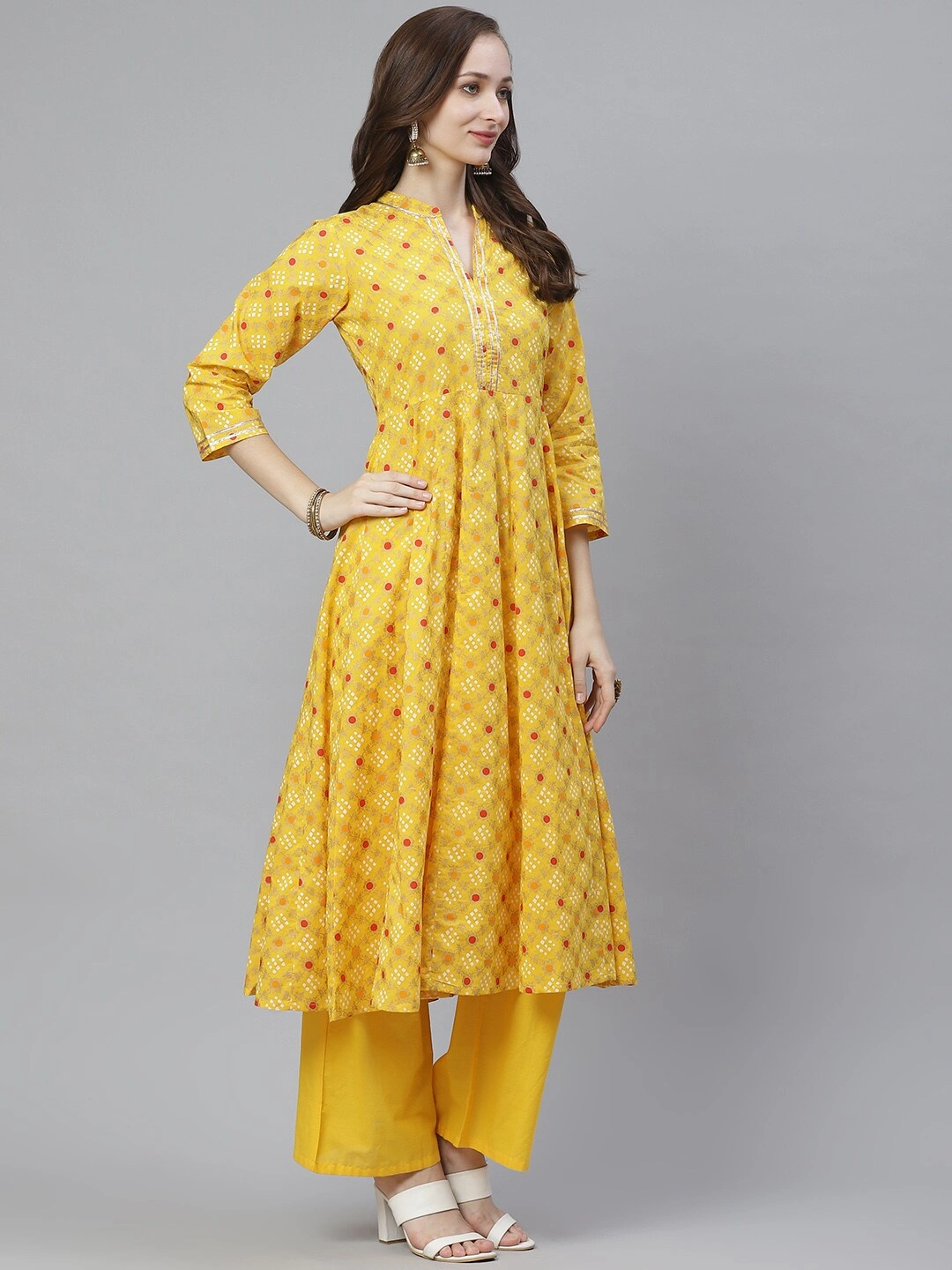 Bhama Couture Women Yellow &amp; Red Bandhani Screen Printed Anarkali Kurta with Palazzos-L-1