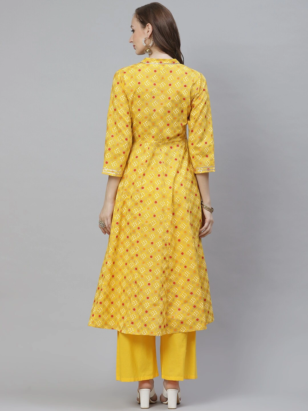 Bhama Couture Women Yellow &amp; Red Bandhani Screen Printed Anarkali Kurta with Palazzos-L-2