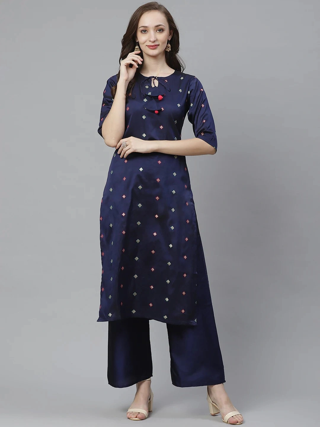 Bhama Couture Women Navy Blue &amp; Golden Woven Design Kurta with Palazzos-BHKS299_L