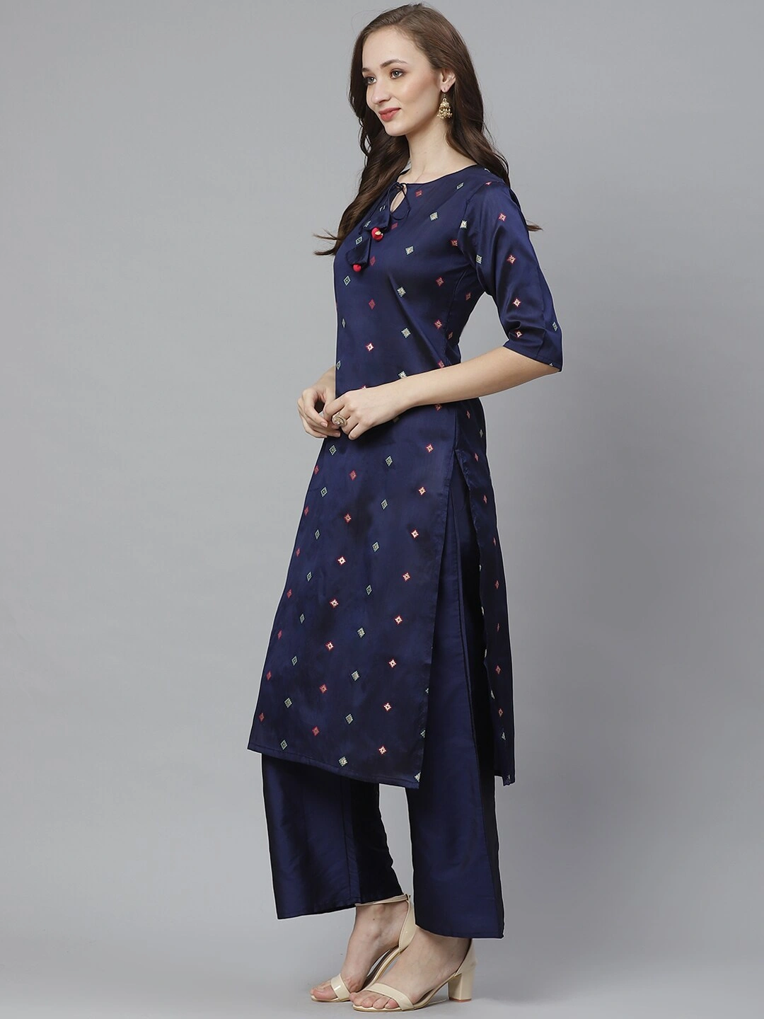 Bhama Couture Women Navy Blue &amp; Golden Woven Design Kurta with Palazzos-M-1