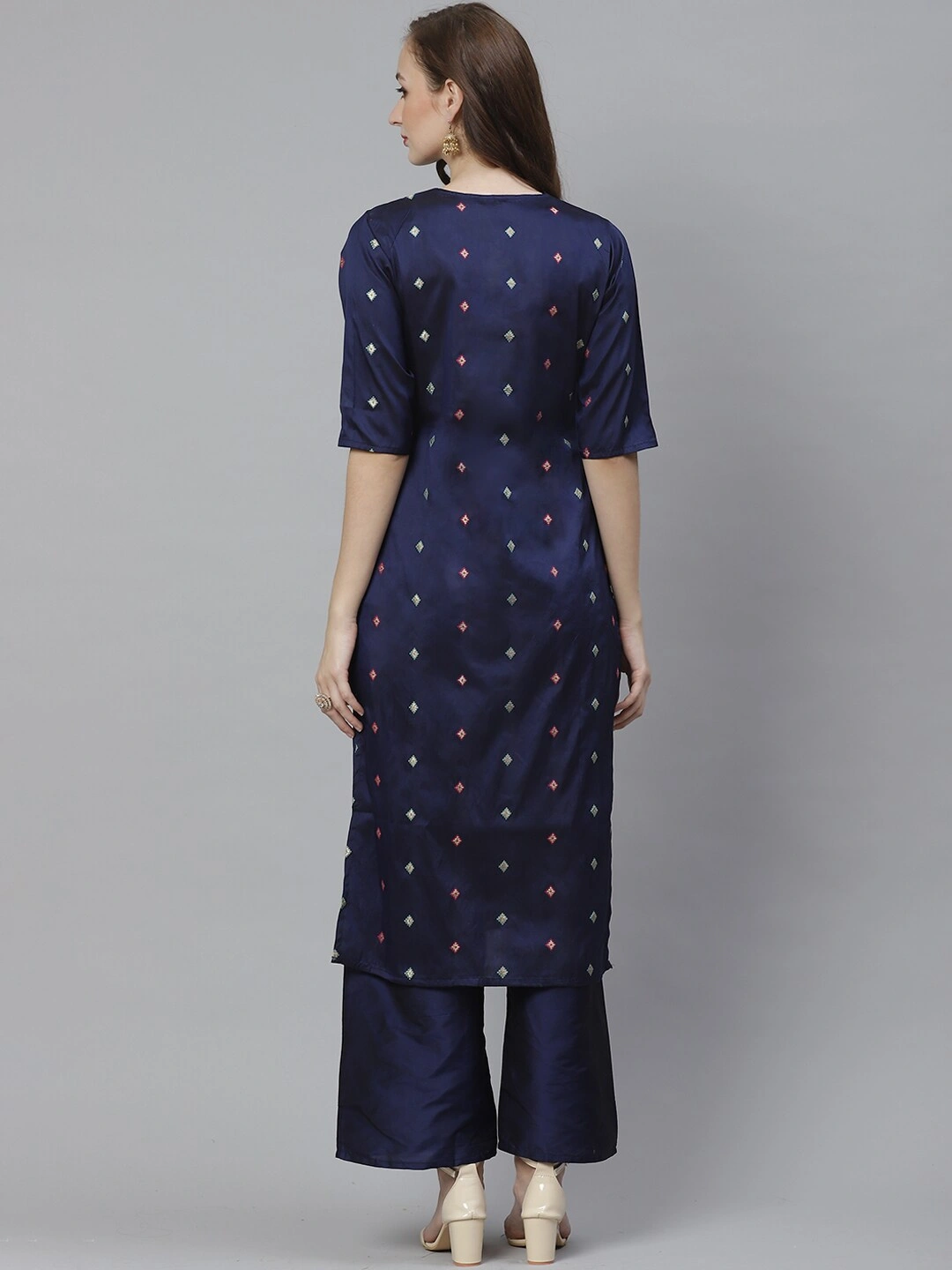 Bhama Couture Women Navy Blue &amp; Golden Woven Design Kurta with Palazzos-M-2