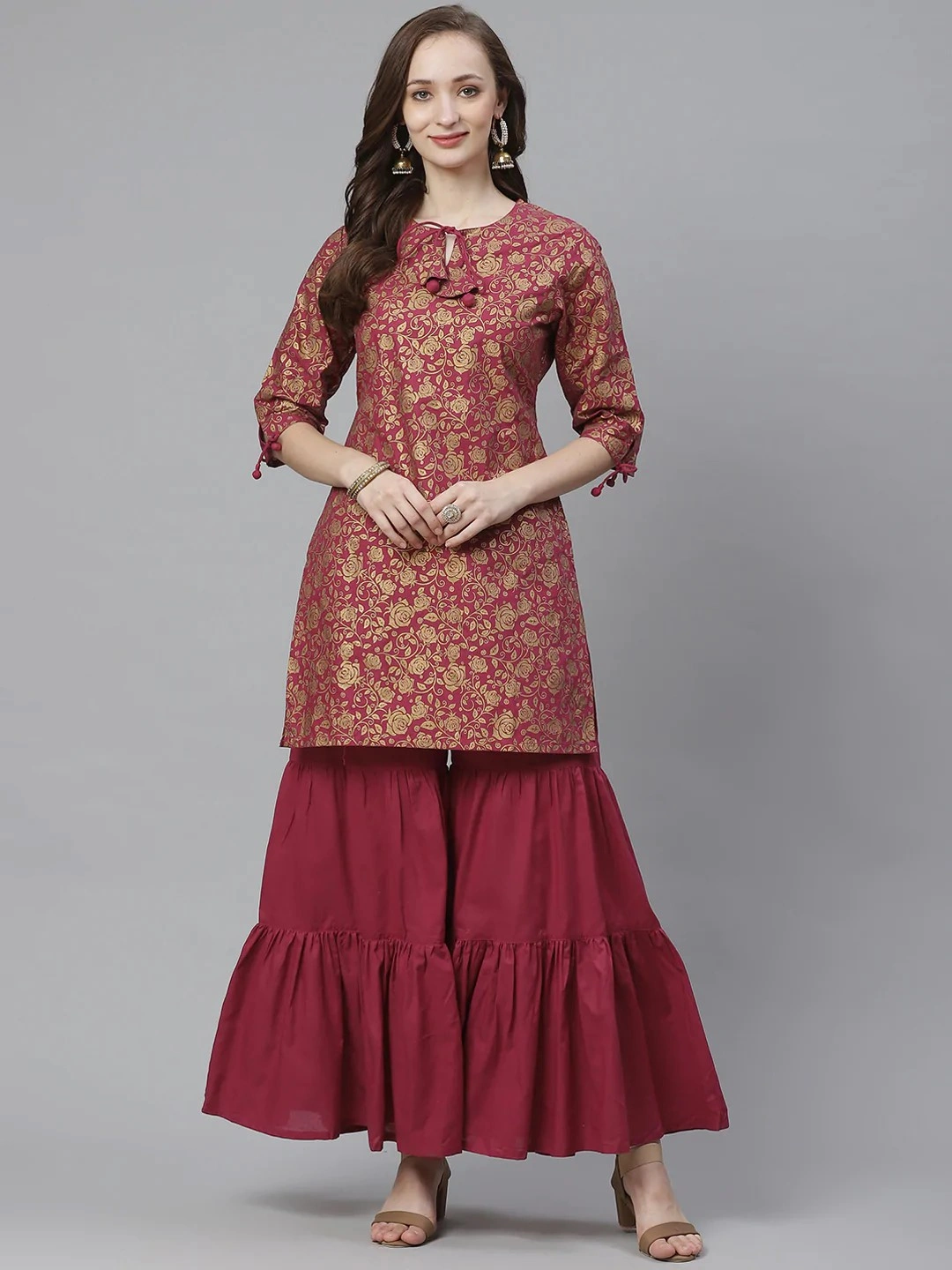 Bhama Couture Women Burgundy &amp; Golden Floral Screen Printed Kurta with Sharara-BHKS300_L