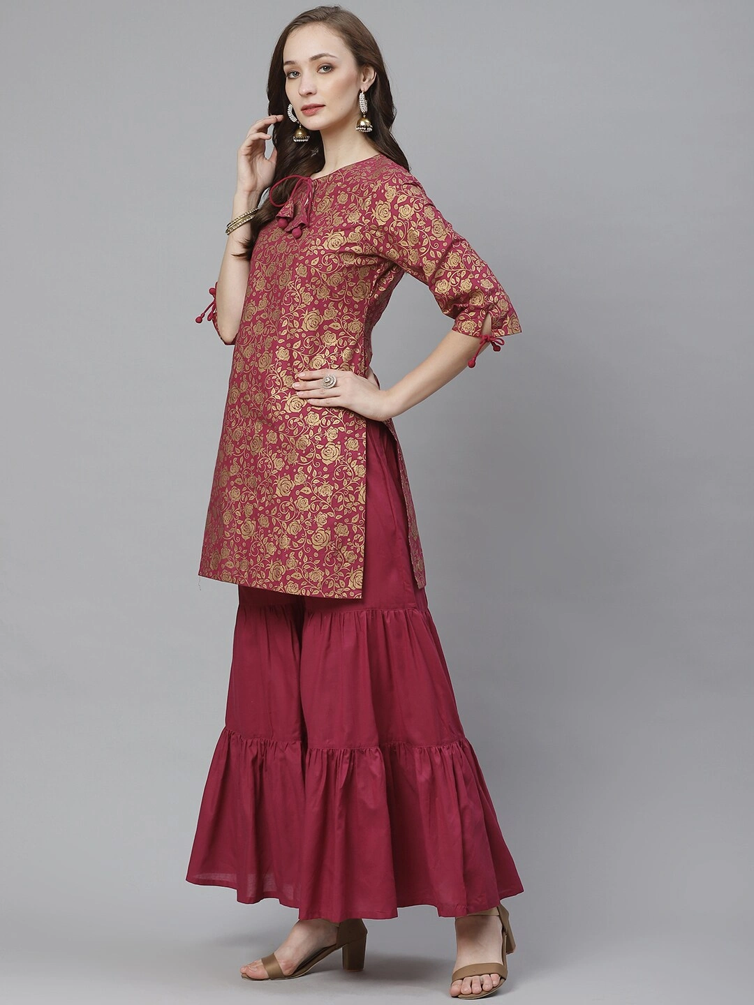 Bhama Couture Women Burgundy &amp; Golden Floral Screen Printed Kurta with Sharara-L-1