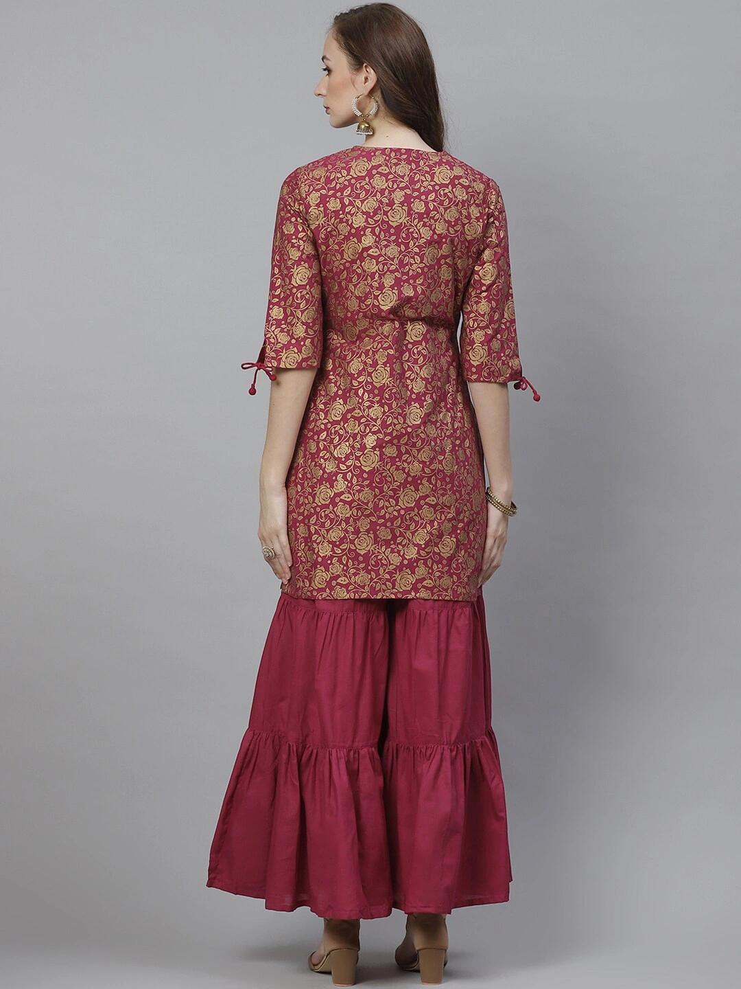 Bhama Couture Women Burgundy &amp; Golden Floral Screen Printed Kurta with Sharara-L-2