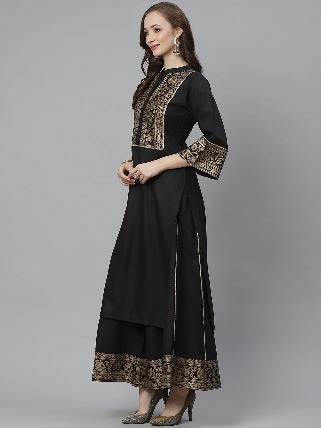 Bhama Couture Women Black &amp; Golden Screen Yoke Design Kurta with Palazzos-L-1