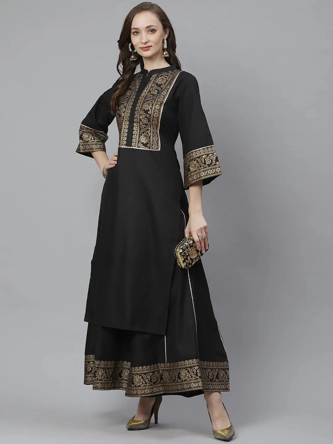 Bhama Couture Women Black &amp; Golden Screen Yoke Design Kurta with Palazzos-BHKS301_XL