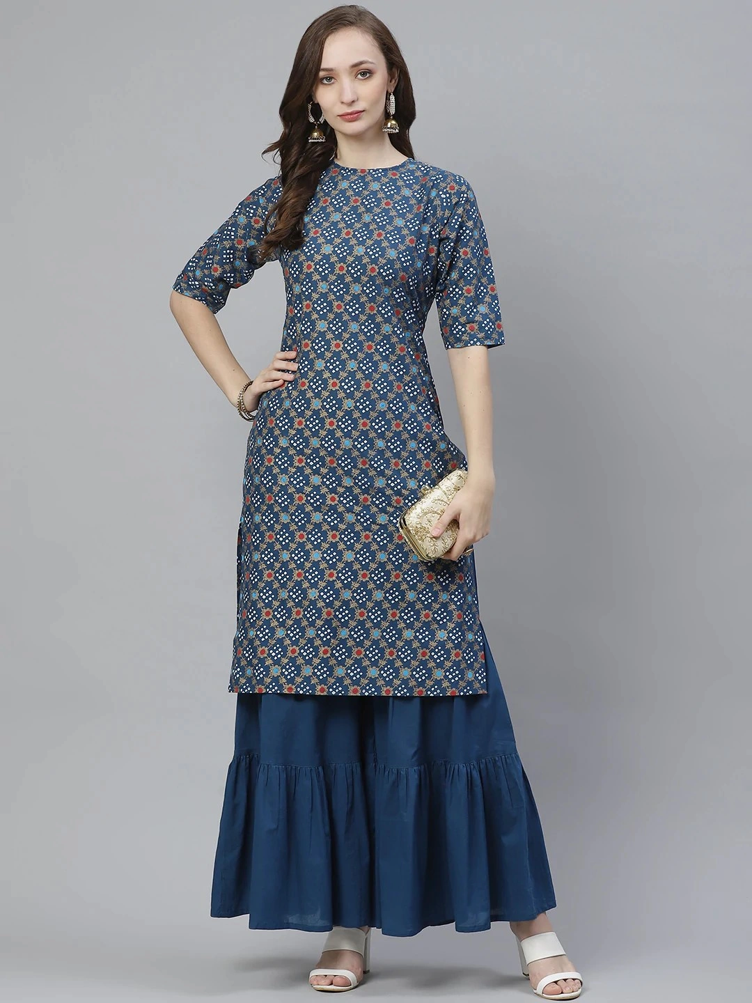 Bhama Couture Women Blue &amp; Golden Screen Bandhani Printed Kurta with Sharara-BHKS302_L