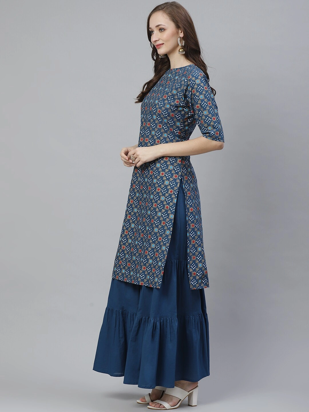 Bhama Couture Women Blue &amp; Golden Screen Bandhani Printed Kurta with Sharara-L-1