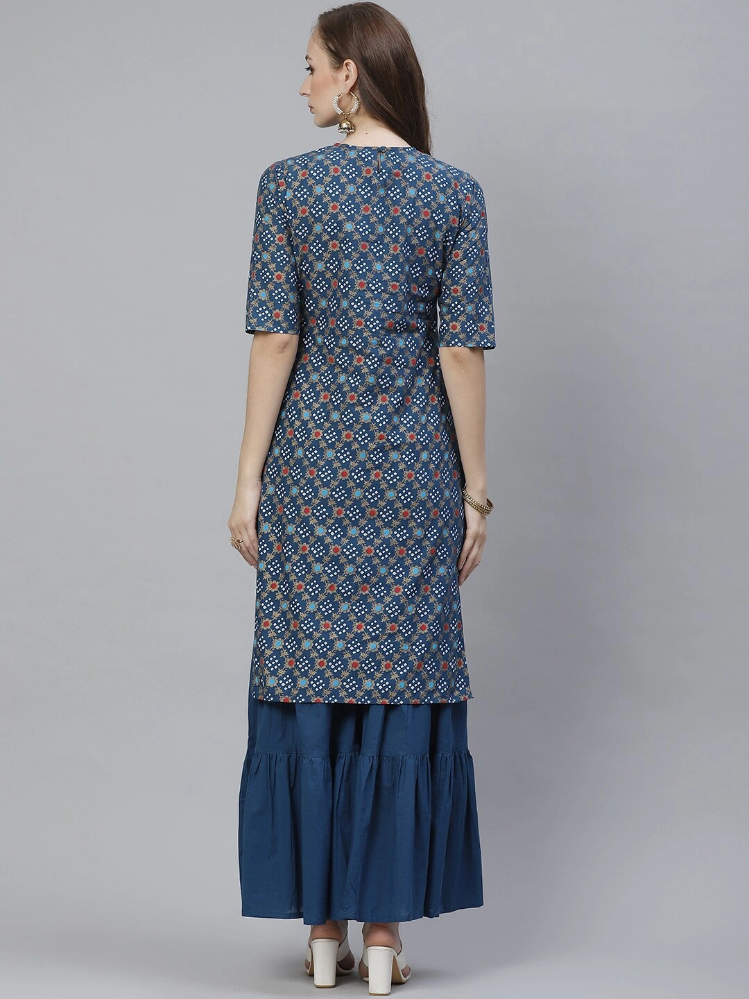 Bhama Couture Women Blue &amp; Golden Screen Bandhani Printed Kurta with Sharara-L-2