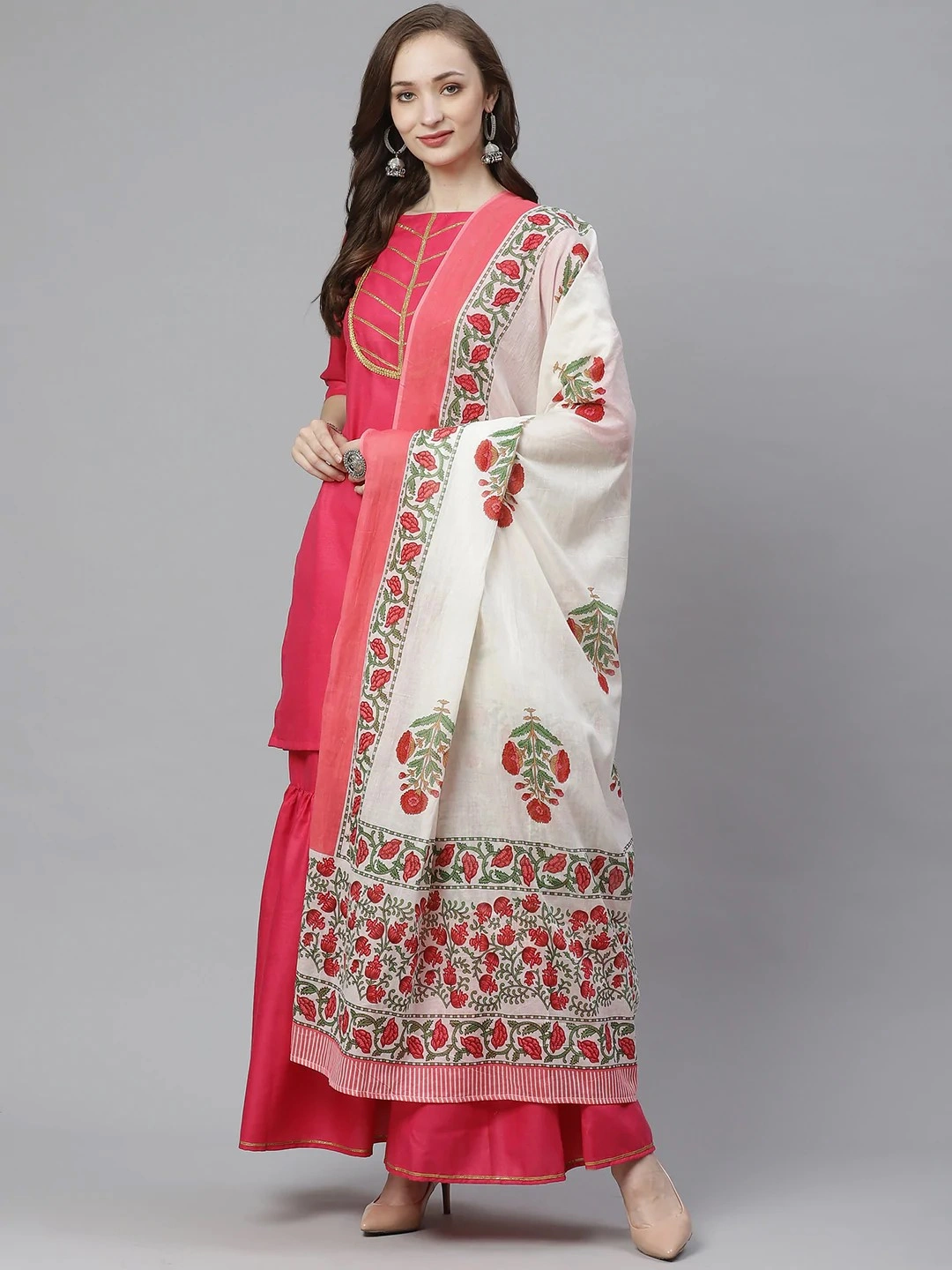 Bhama Couture Women Pink &amp; White Yoke Design Kurta with Sharara &amp; Dupatta-BHKS304_L