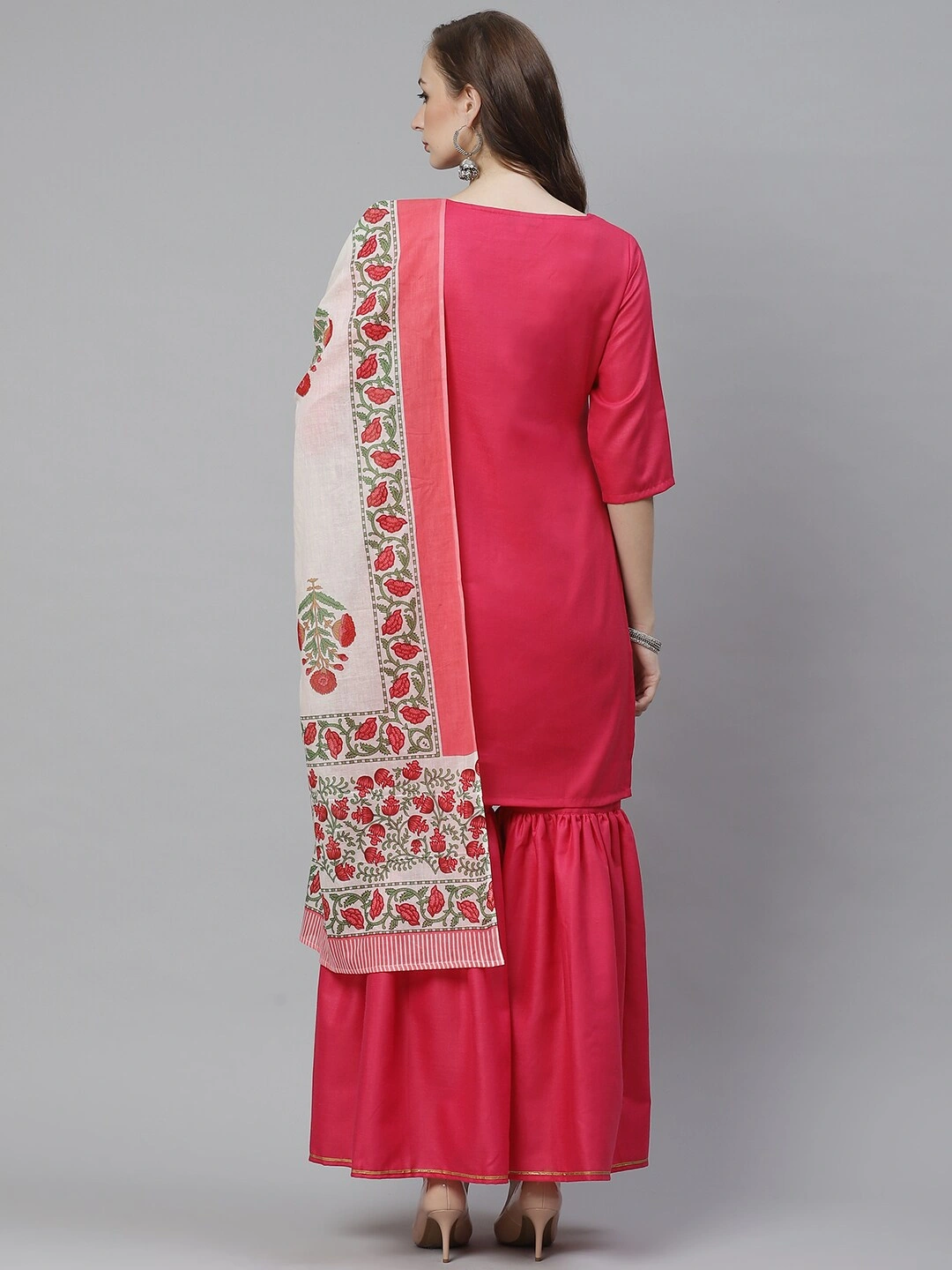 Bhama Couture Women Pink &amp; White Yoke Design Kurta with Sharara &amp; Dupatta-L-2